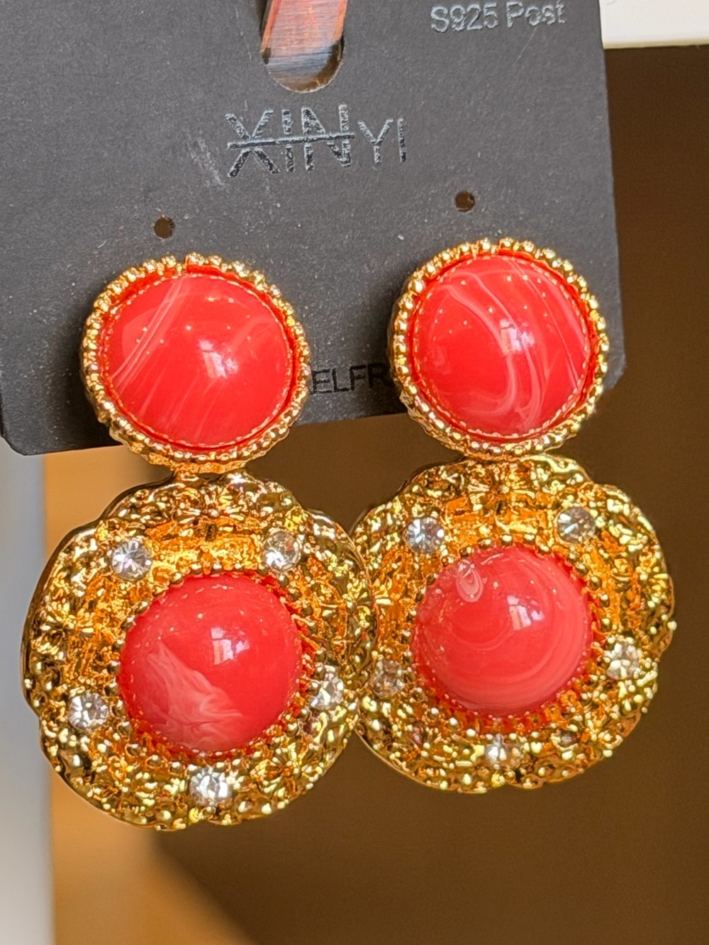 Vtg gold and rhodochrosite statement earrings